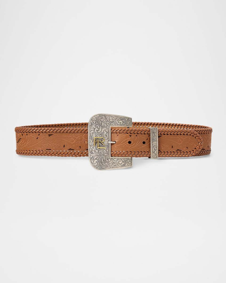 Tooled-Buckle Calfskin Suede Belt